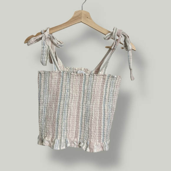 American Eagle Top Women Size Small Multicolored Smock Tie Strap Ruffle Hem - Picture 5 of 13